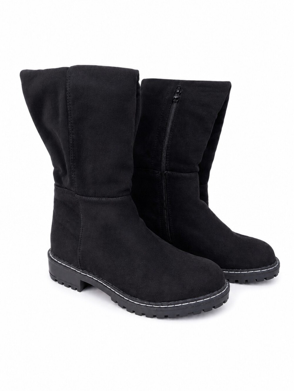 Esprit Black Suede Slouch Boots Lug Sole Zip Mid Calf Grunge Moto Y2K Size 6.5 - Picture 4 of 14